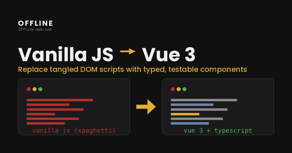 Vanilla JS to Vue migration: tangled DOM scripts replaced with typed Vue 3 components