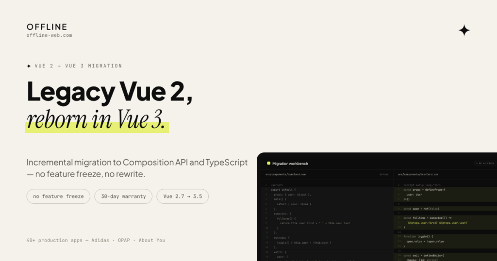 Vue 2 to Vue 3 migration — legacy Vue 2 reborn in Vue 3 with the Composition API