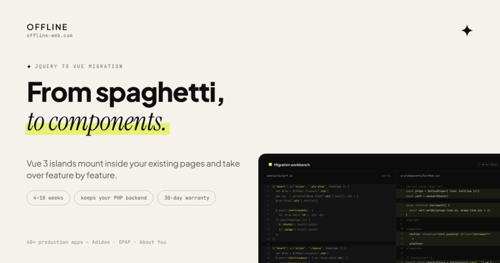 jQuery to Vue migration — from spaghetti scripts to tested Vue 3 components