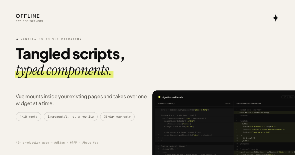 Vanilla JS to Vue migration — tangled scripts replaced by typed Vue 3 components