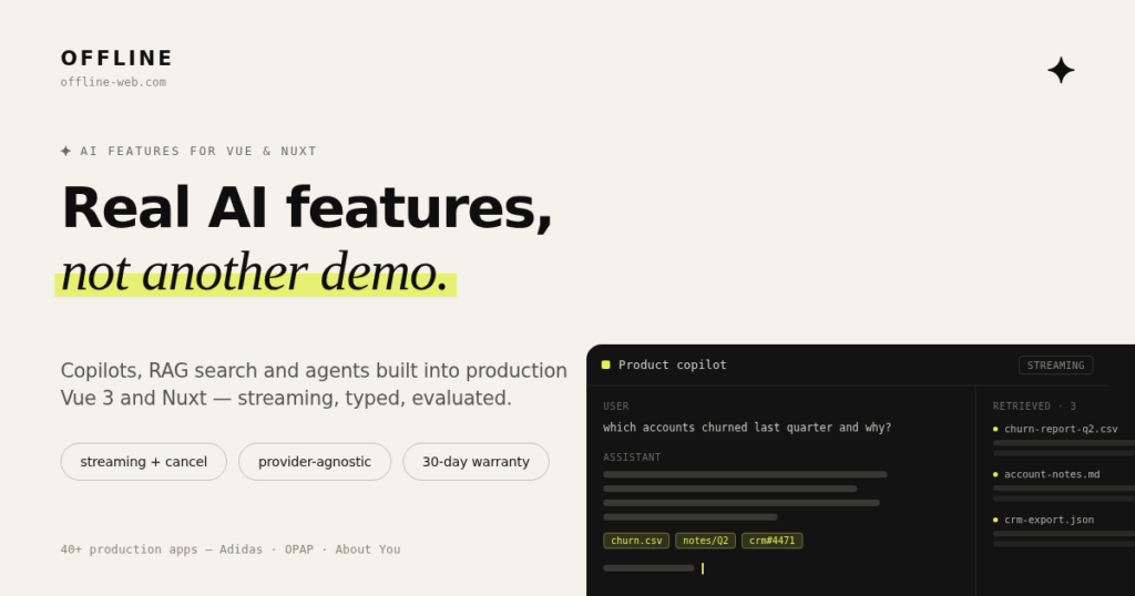 AI features for Vue and Nuxt apps — an in-product copilot streaming an answer with cited sources