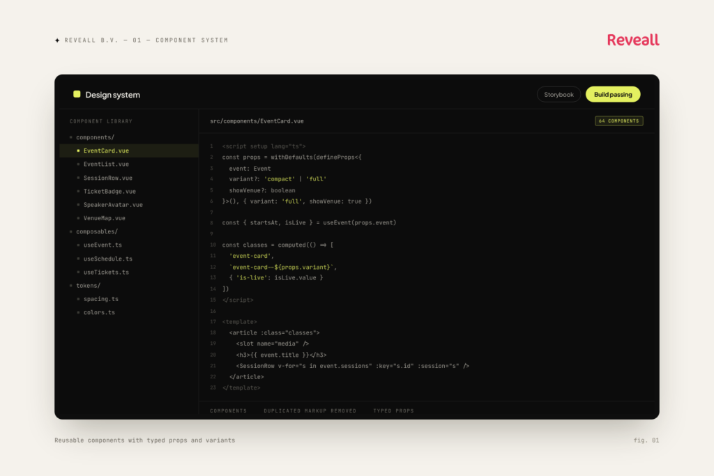 Reveall B.V. component system — Reusable components with typed props and variants