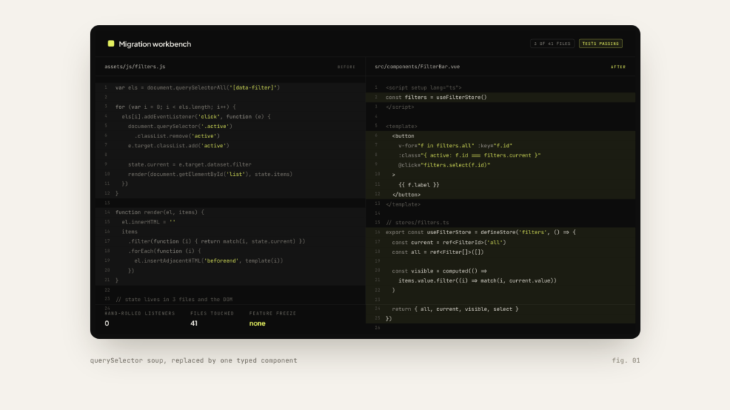 Vanilla JS to Vue migration: querySelector DOM soup replaced by one typed component