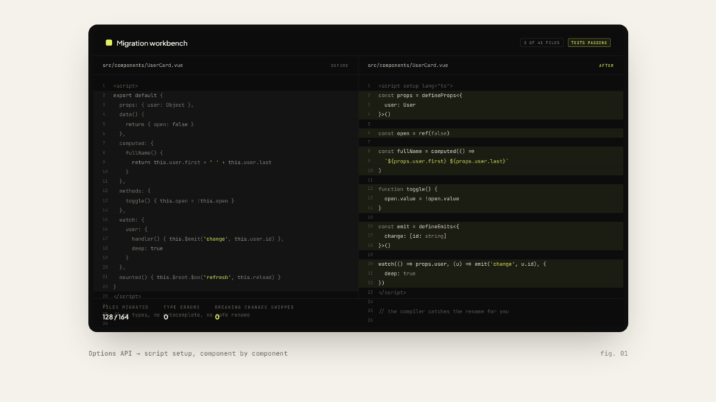 Vue 2 to Vue 3 migration: Options API rewritten as script setup with TypeScript