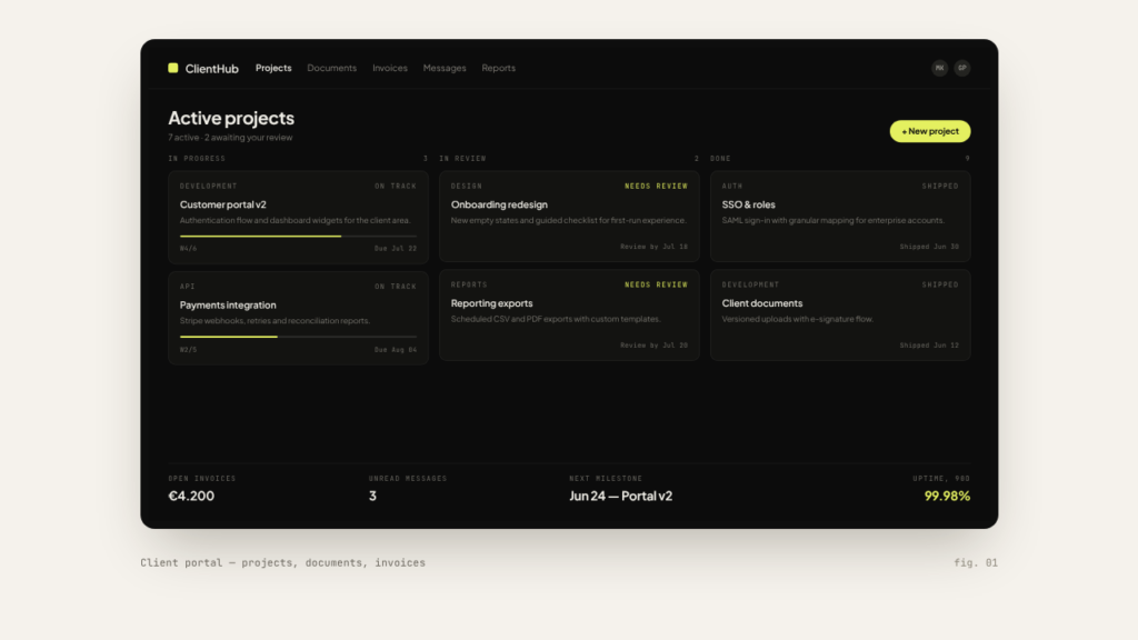 Custom web app development: client portal with projects, documents and invoices