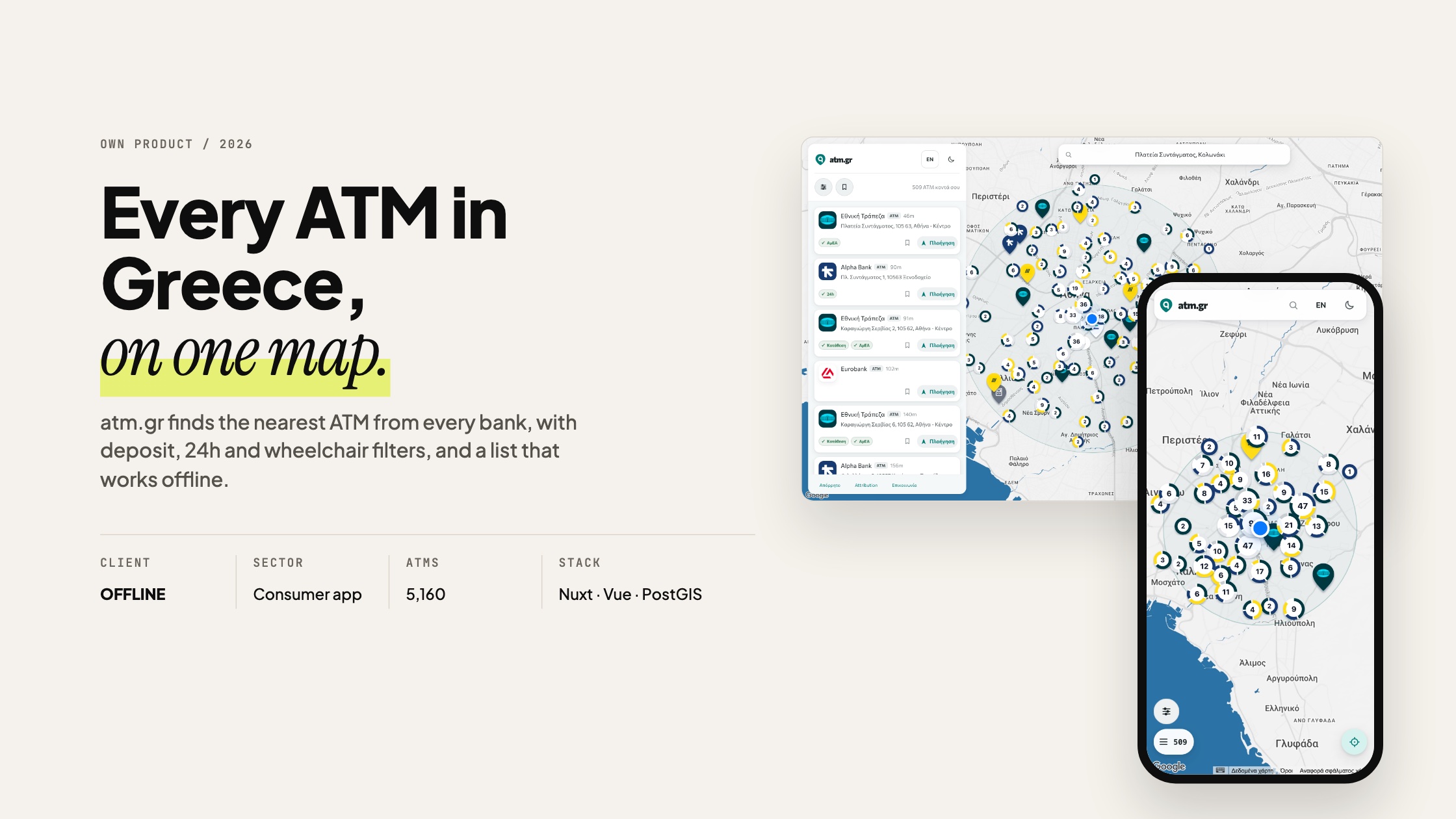 atm.gr: every ATM in Greece on one map, desktop and mobile view