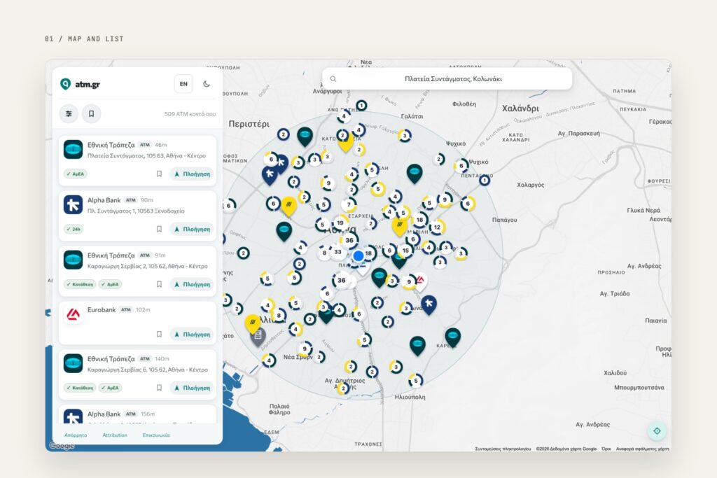 atm.gr map with the list of nearest ATMs in Athens